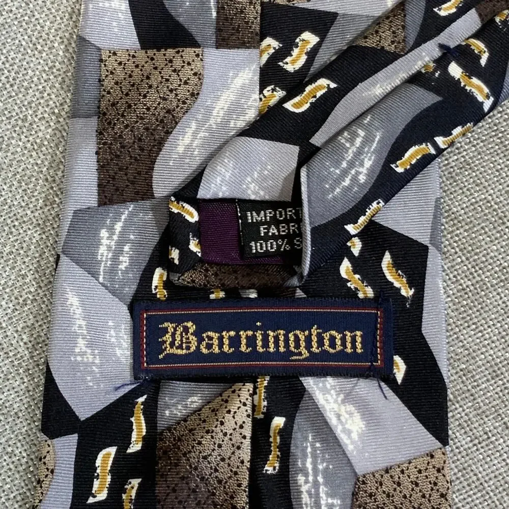 Vintage Barrington Silk Tie Black Silver Gold Abstract Geometric Necktie